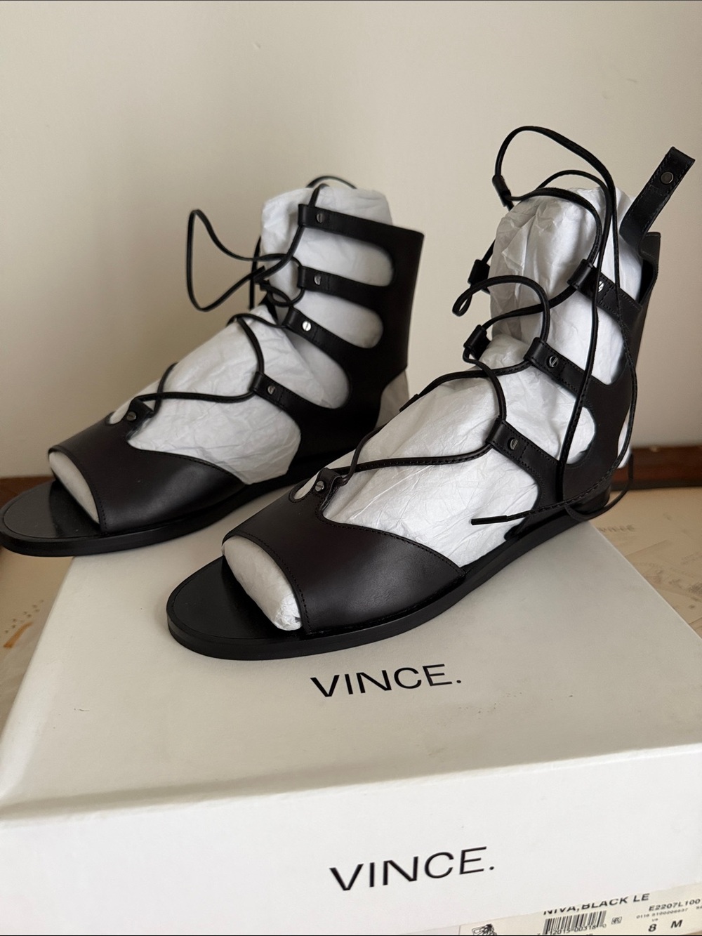 Vince Niva Black Lace-Up Leather Gladiator Sandals